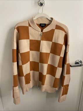 Monrow Checkerboard Zip-Up Sweater in Tan and Cream